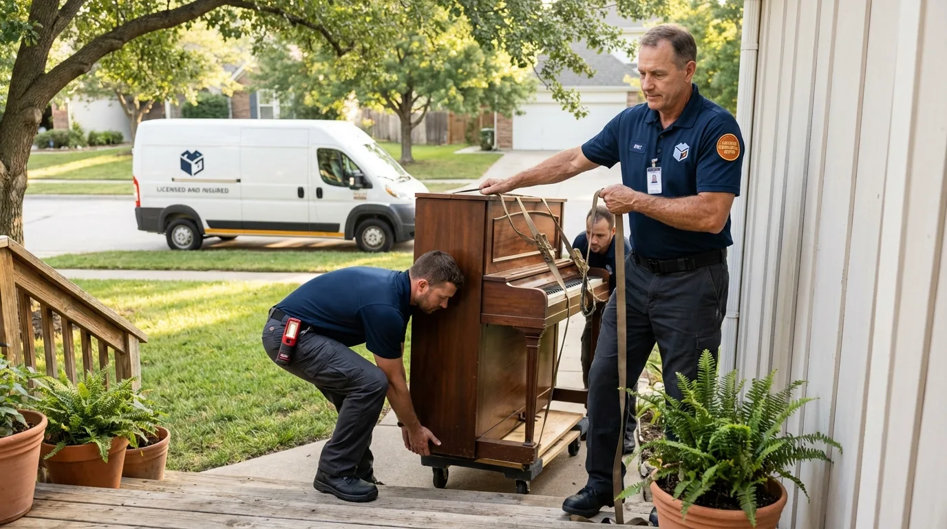 Licensed piano movers securing grand piano in Catoosa, OK