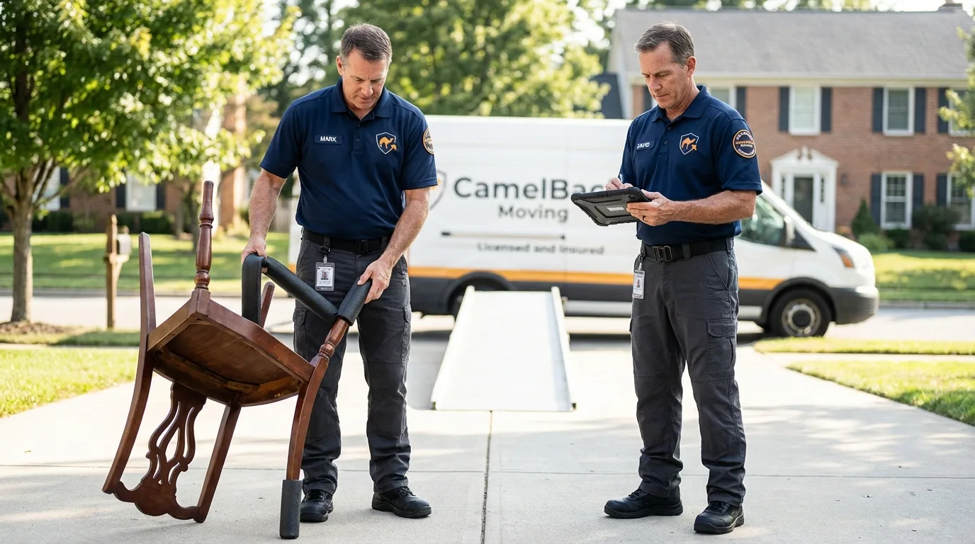 Movers inspecting furniture for damage prevention before loading in Catoosa, OK
